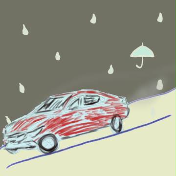 赤い車と雨