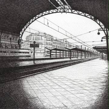 ペン画・風景画　「朝のバレンシア駅（スペイン）」