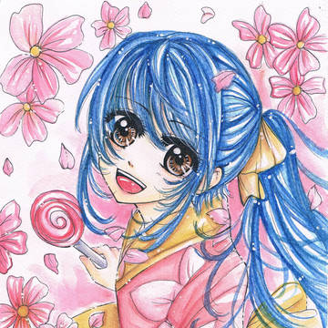 青髪の着物の女の子