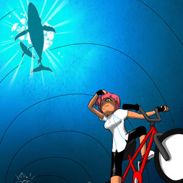 クジラを下から自転車をとめて