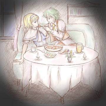 口内炎のアリスにエビチリを食べさせる幽香