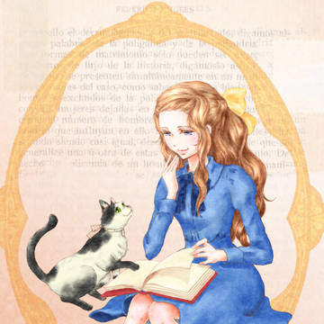 猫と本を読む少女