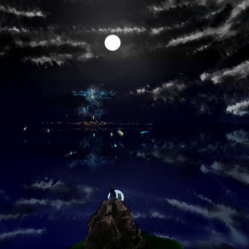 月夜を見る少女