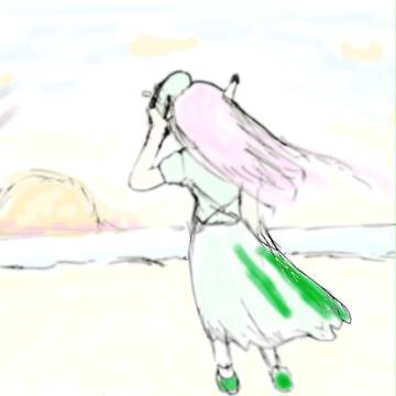 夕日の浜に佇むモモさん