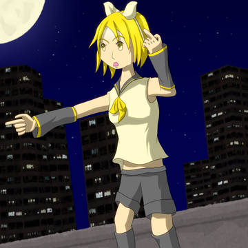 夜ビルの屋上で鏡音リン氏がくるくるぱーと言いながら指をさしている