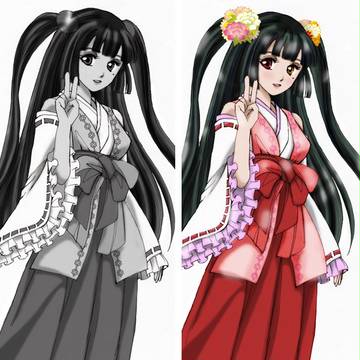 グレースケールのイラストをカラーに（巫女女装）