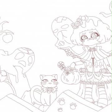 ハロウィンがテーマの絵　（まだ線のみ）