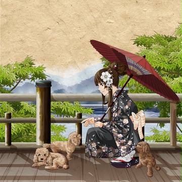 犬と着物の女性