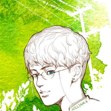 绿色背景卷发戴有眼睛绳眼镜和耳钉蓝色眼睛衣领上还有签名的少年