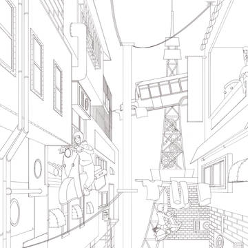 懐古主義的近未来、路地裏　線画
