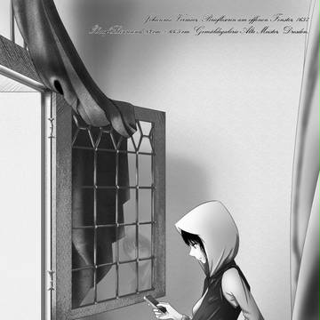 窓辺でメールを読む女