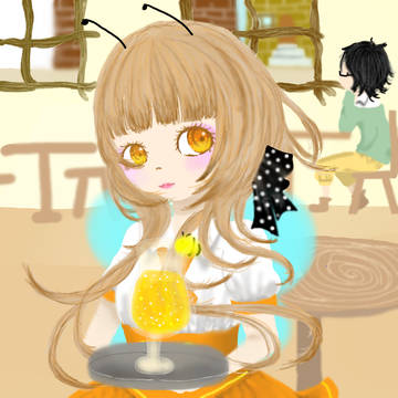 カフェにいる蜂の娘