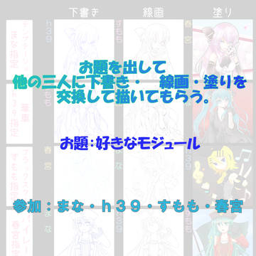 お題を出して他の3人に下書き線画塗りを交換して描いてもらった。