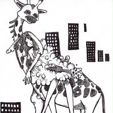 キリンにのるウサギ。