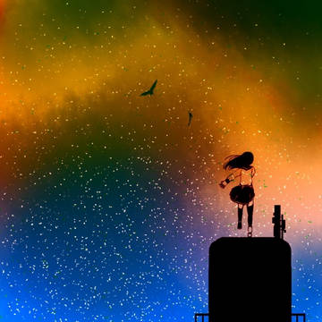 夜空の少女と羽ばたく鳥