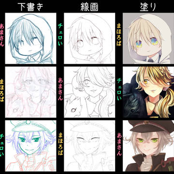 #3人で下書き線画塗りを交換して絵を完成させる