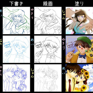 ３人で下書き線画塗りを交換して絵を完成させる
