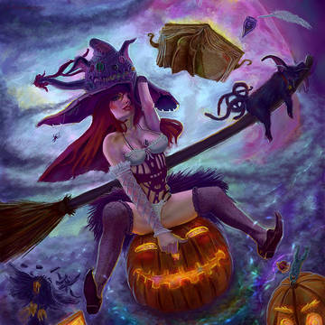 Flying witch with pumpkins