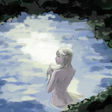 水浴びするエルフ
