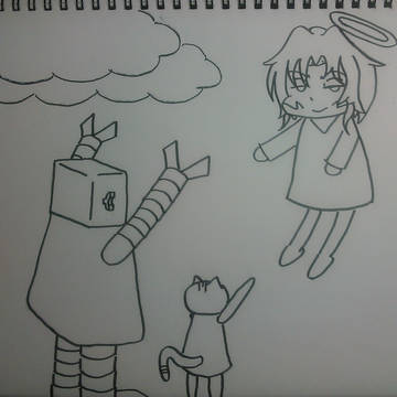 ミカエルに出会うサトーロボXとミー(ネコ)