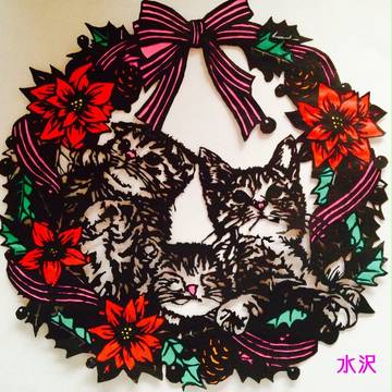 【切り絵】リースと猫【色付き】