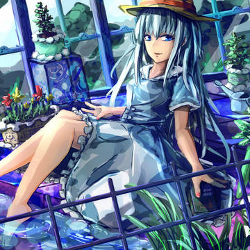 青い床と植物と