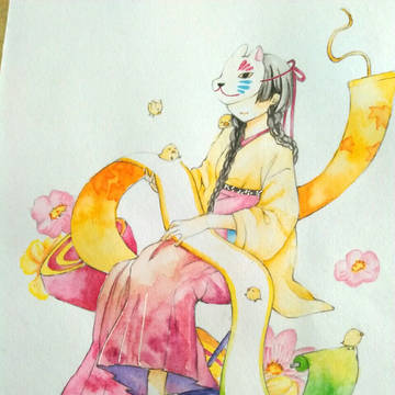 友风子，少女，水彩