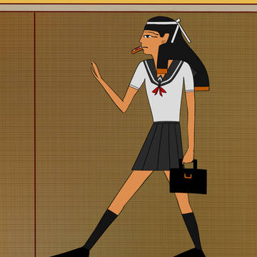 学校に遅刻しそうな女子高生の壁画