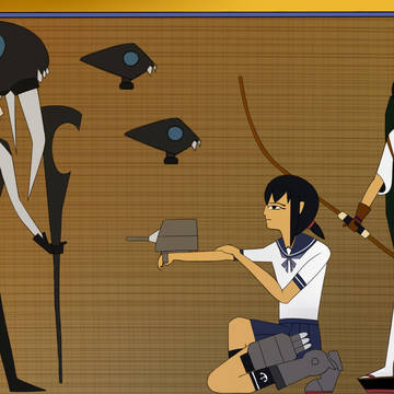深海の使いと対峙する少女たちの壁画