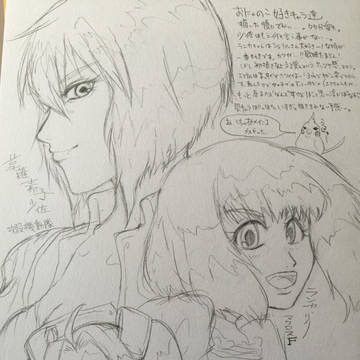 らくがき(白黒　版権＋自画像＋鳥)