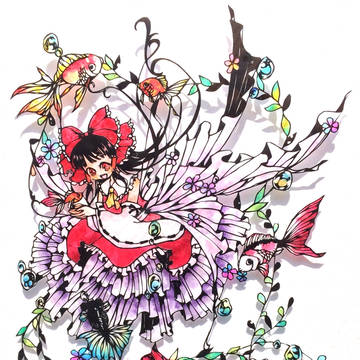 霊夢と金魚「切り絵」