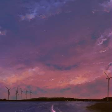 夜の海と風車