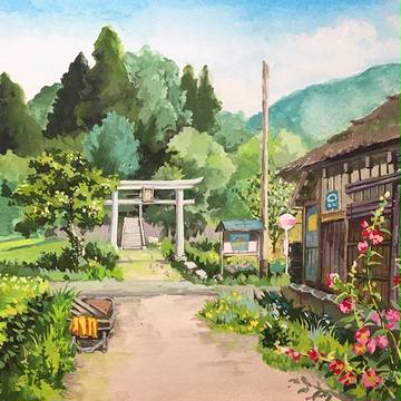 [画空集]  宫崎骏背景画：远处的寺庙（摹）