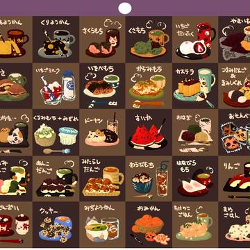 ちゃぶ台に置いてたら似合いそうなおやつと猫を色々描いてみた
