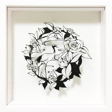 切り絵【丹頂鶴と椿】