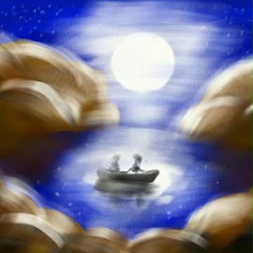 Moon, lake  and boats