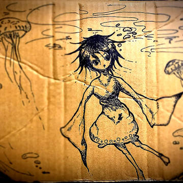 ダンボールに落書き「漂うってどんな気持ち？」