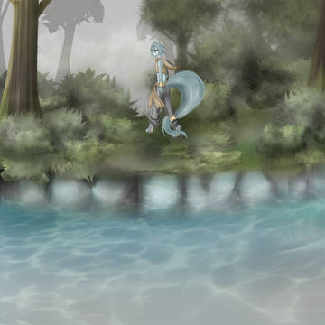 静かな湖畔の森の影から