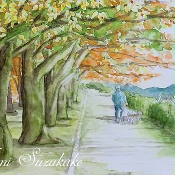 絵画販売・水彩原画「秋の散歩道」