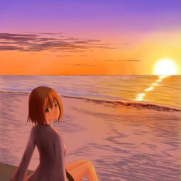 夕暮れの海と女の子