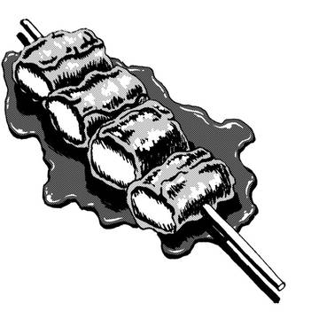 肉に包まれた何かを串で貫いた何か