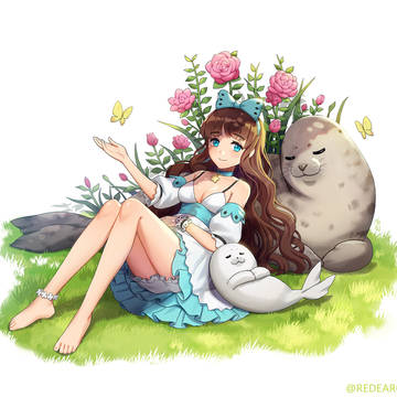 girl and harp seal
