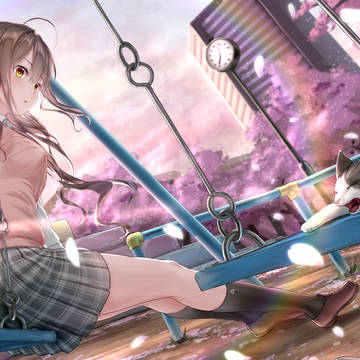 女の子と猫とブランコ