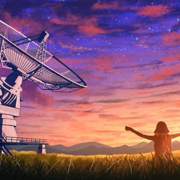 夕日の下の電波望遠鏡
