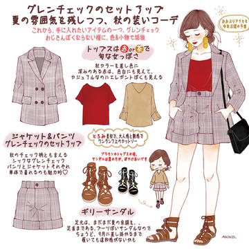 グレンチェックのセットアップコーデ