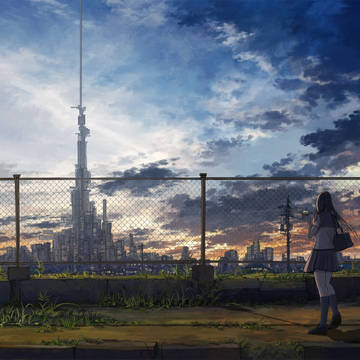 軌道塔の丘と夕暮れ