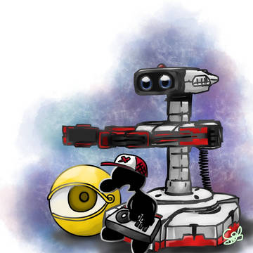 ゲームをするゲムヲとそれを見守るロボット