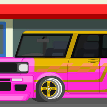 Boxy car at storefront