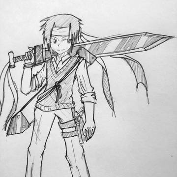 銃と両手剣を手に戦う青年。