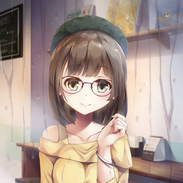 窓越し、雨、カフェ